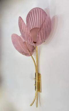 Contemporary Italian 2 Branch Pink Murano Glass Tulip Flower Gold Brass Sconces - 4135744