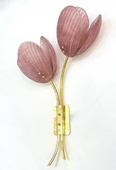 Contemporary Italian 2 Branch Pink Murano Glass Tulip Flower Gold Brass Sconces - 4135745