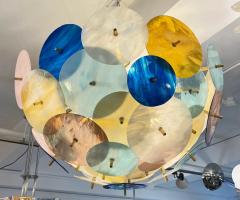 Contemporary Italian Amber White Aqua Vivid Blue Murano Glass Sputnik Flushmount - 4238134