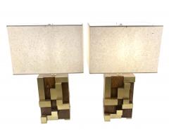 Contemporary Italian Architectural Pair of Stepped Wood and Brass Urban Lamps - 4310457