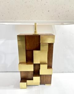 Contemporary Italian Architectural Pair of Stepped Wood and Brass Urban Lamps - 4310466