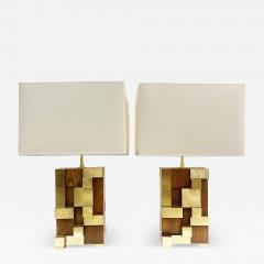 Contemporary Italian Architectural Pair of Stepped Wood and Brass Urban Lamps - 4311128