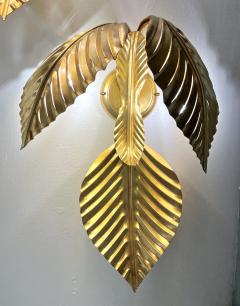 Contemporary Italian Art Deco Design Pair of Hand Made Gold Metal 3 Leaf Sconces - 3559788