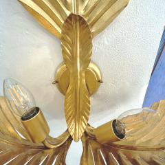 Contemporary Italian Art Deco Design Pair of Hand Made Gold Metal 3 Leaf Sconces - 3559791