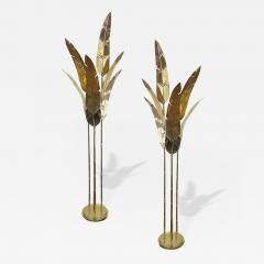 Contemporary Italian Art Deco Design Palm Tree Pair of 7 Leaf Brass Floor Lamps - 2758918