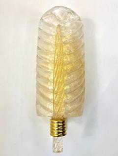 Contemporary Italian Art Deco Pair Crystal Gold Murano Glass Brass Leaf Sconces - 3925857