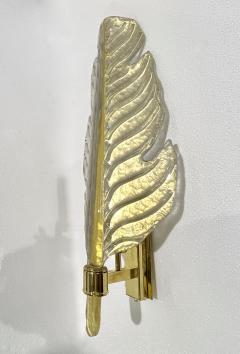 Contemporary Italian Art Deco Pair of Amber Gold Murano Glass Brass Leaf Sconces - 3426431