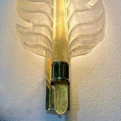 Contemporary Italian Art Deco Pair of Amber Gold Murano Glass Brass Leaf Sconces - 3426432