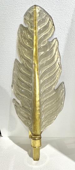 Contemporary Italian Art Deco Pair of Amber Gold Murano Glass Brass Leaf Sconces - 3426434