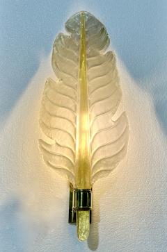 Contemporary Italian Art Deco Pair of Amber Gold Murano Glass Brass Leaf Sconces - 3426435