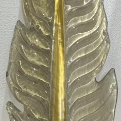 Contemporary Italian Art Deco Pair of Amber Gold Murano Glass Brass Leaf Sconces - 3426436