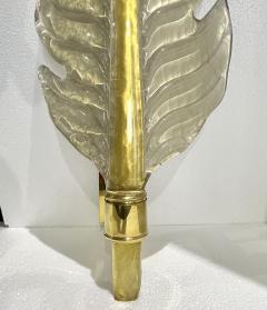 Contemporary Italian Art Deco Pair of Amber Gold Murano Glass Brass Leaf Sconces - 3426437