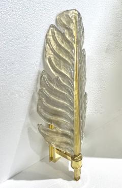 Contemporary Italian Art Deco Pair of Amber Gold Murano Glass Brass Leaf Sconces - 3426438