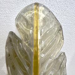 Contemporary Italian Art Deco Pair of Amber Gold Murano Glass Brass Leaf Sconces - 3426439
