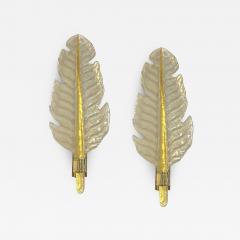 Contemporary Italian Art Deco Pair of Amber Gold Murano Glass Brass Leaf Sconces - 3430352