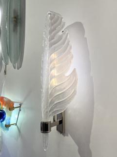 Contemporary Italian Art Deco Pair of White Murano Glass Nickel Leaf Sconces - 3522170