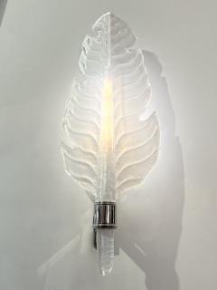 Contemporary Italian Art Deco Pair of White Murano Glass Nickel Leaf Sconces - 3522171