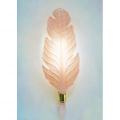 Contemporary Italian Art Deco Pink Murano Glass Brass Feather Leaf Sconces - 2390003