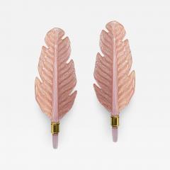 Contemporary Italian Art Deco Pink Murano Glass Brass Feather Leaf Sconces - 2392924