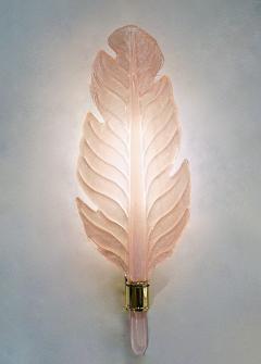 Contemporary Italian Art Deco Pink Murano Glass Brass Feather Leaf Wall Light - 3178684