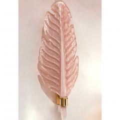 Contemporary Italian Art Deco Pink Murano Glass Brass Feather Leaf Wall Light - 3178685