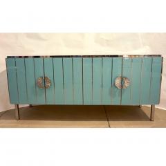 Contemporary Italian Art Deco Style Aqua Turquoise Glass Nickel Modern Cabinet - 2029425