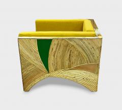 Contemporary Italian Bamboo Armchair with Green Brass Details Yellow Fabric - 2687476