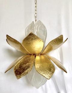 Contemporary Italian Brass Gold Leaf Murano Glass Flower Chandelier Pendant - 2997395