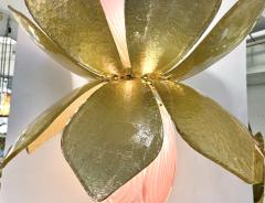 Contemporary Italian Brass Pink Gold Leaf Murano Glass Flower Chandelier Pendant - 2979812