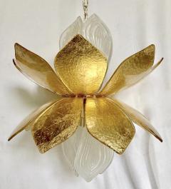 Contemporary Italian Brass Pink Gold Leaf Murano Glass Flower Chandelier Pendant - 2979813