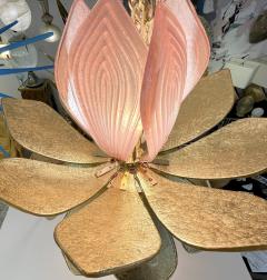 Contemporary Italian Brass Pink Gold Leaf Murano Glass Flower Chandelier Pendant - 2979817