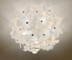 Contemporary Italian Brass Satin White Murano Glass Flower Sputnik Flushmount - 4144526
