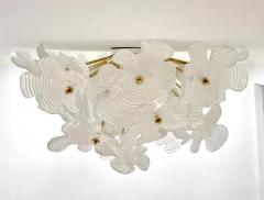 Contemporary Italian Brass Satin White Murano Glass Flower Sputnik Flushmount - 4144528