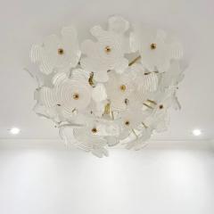 Contemporary Italian Brass Satin White Murano Glass Flower Sputnik Flushmount - 4144531
