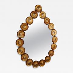 Contemporary Italian Custom Amber Murano Glass Disk Drop Shape Modern Mirror - 3130579