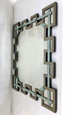 Contemporary Italian Geometric Murano Glass Mirror with Aqua Green Ribbon Decor - 3057236