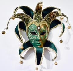 Contemporary Italian Green Gold Venice Modern Mask With Jester Collar And Bells - 1036768