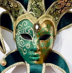 Contemporary Italian Green Gold Venice Modern Mask With Jester Collar And Bells - 1036769