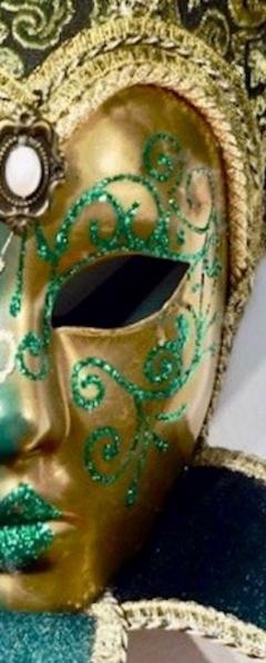 Contemporary Italian Green Gold Venice Modern Mask With Jester Collar And Bells - 1036771