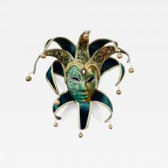 Contemporary Italian Green Gold Venice Modern Mask With Jester Collar And Bells - 1037347