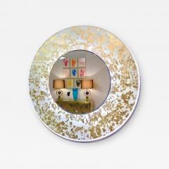 Contemporary Italian Organic Modern Ivory White and Gold Leaf Round Lit Mirror - 350057