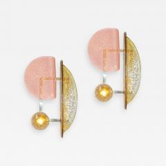 Contemporary Italian Pair of Pink and Amber Murano Glass Gold Brass Sconces - 1466183
