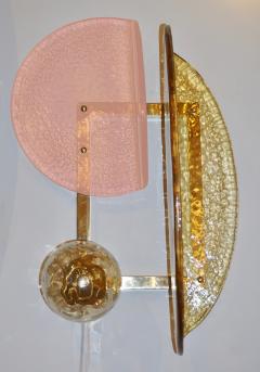 Contemporary Italian Pair of Pink and Amber Murano Glass Gold Brass Sconces - 2513811