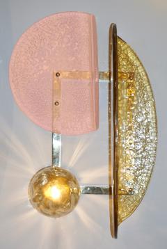 Contemporary Italian Pair of Pink and Amber Murano Glass Gold Brass Sconces - 2513812