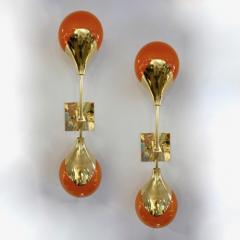 Contemporary Italian Pair of Two Globe White Orange Murano Glass Brass Sconces - 2378506