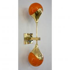 Contemporary Italian Pair of Two Globe White Orange Murano Glass Brass Sconces - 2378508