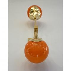 Contemporary Italian Pair of Two Globe White Orange Murano Glass Brass Sconces - 2378510