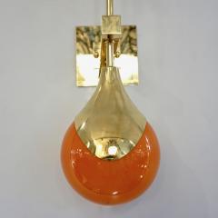 Contemporary Italian Pair of Two Globe White Orange Murano Glass Brass Sconces - 2378516