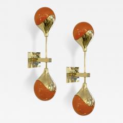 Contemporary Italian Pair of Two Globe White Orange Murano Glass Brass Sconces - 2379668