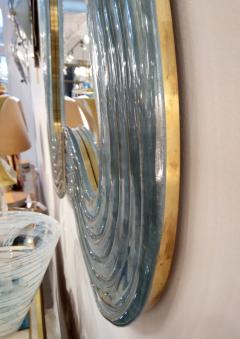 Contemporary Italian Pearl Gray Blue Murano Glass Curved Mirror Brass Accents - 2598625